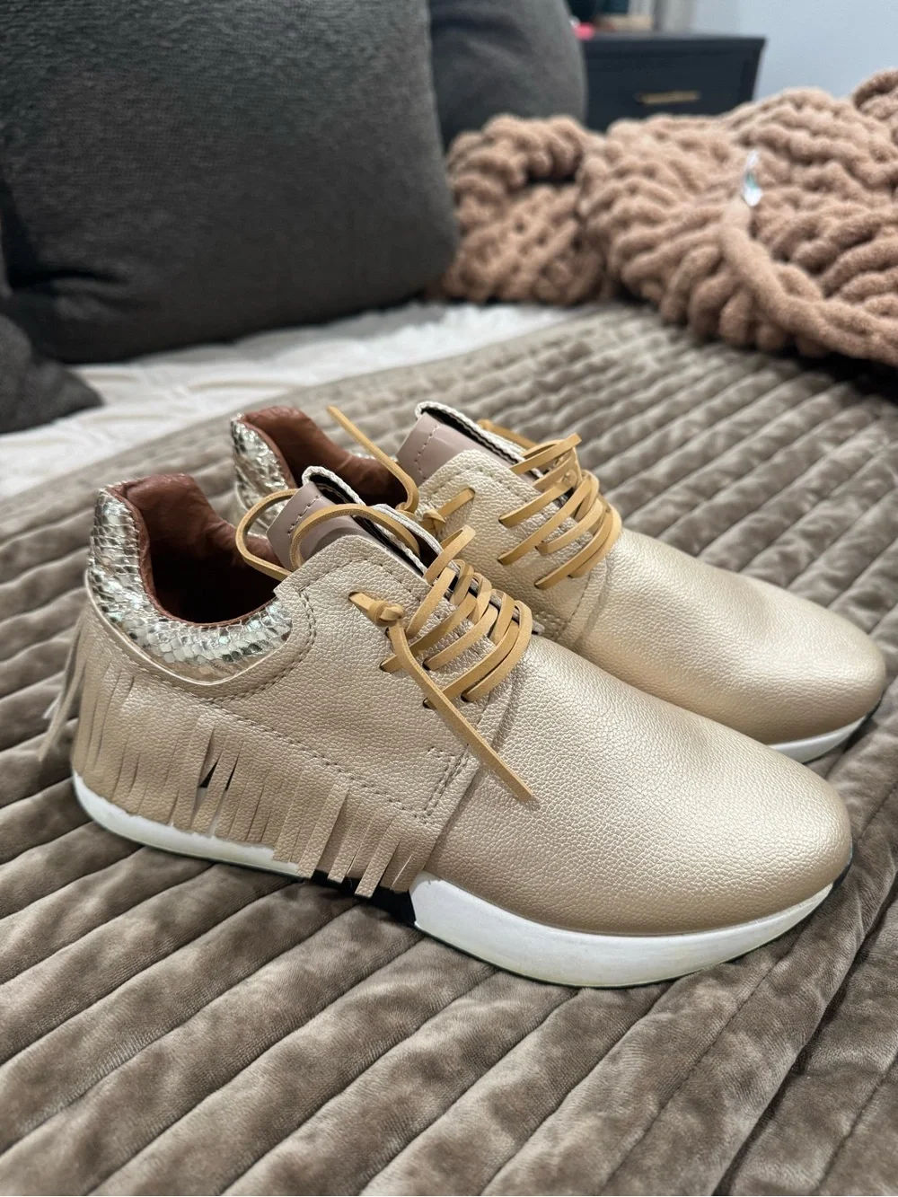 ShuShop Cream Fringe Lace-Up Sneakers with Metallic Trim